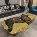Artistic Coffee Table Set with Textured Gold Inlay and Statement Black Marble Finish